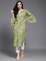 Green Floral Side Slit Straight Kurta