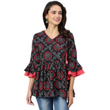 Black And Red Bandhani Printed Gathered A-Line Top