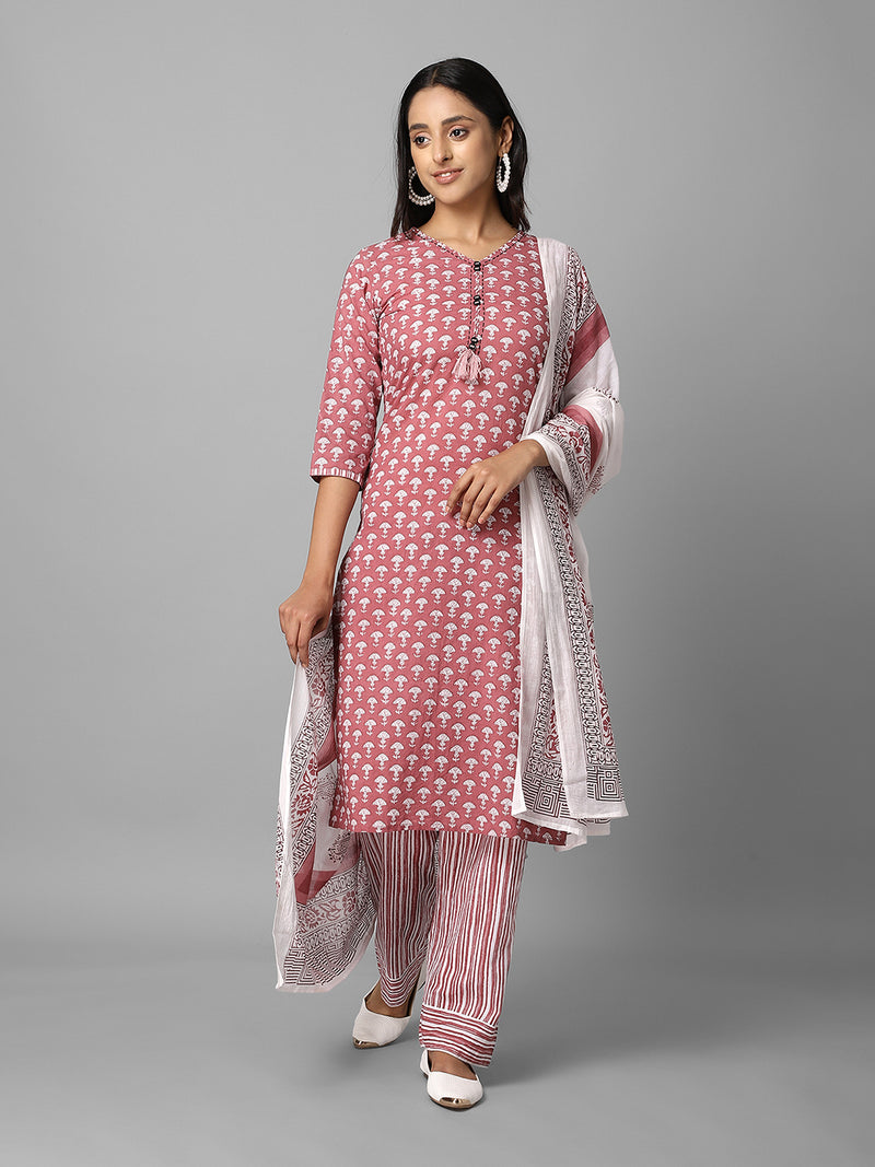 Pink And White Ethnic Printed Side Slit Straight Kurta Palazzo And Dupatta Set