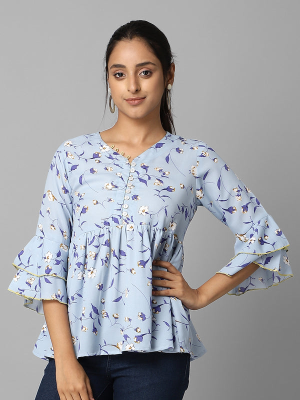 Sky Blue Floral Printed Gathered Top