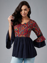 Red And Navy Ethnic Printed Gathered A-Line Top