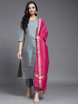 Solid Grey Embroidered Side Slit Straight Kurta Palazzo And Dupatta Set