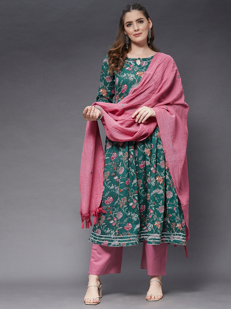 Cotton Gathered Kurta With Trouser And Dupatta