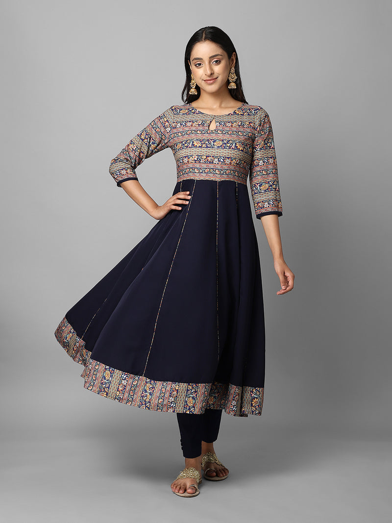 Navy Blue Floral Printed Anarkali Kurta