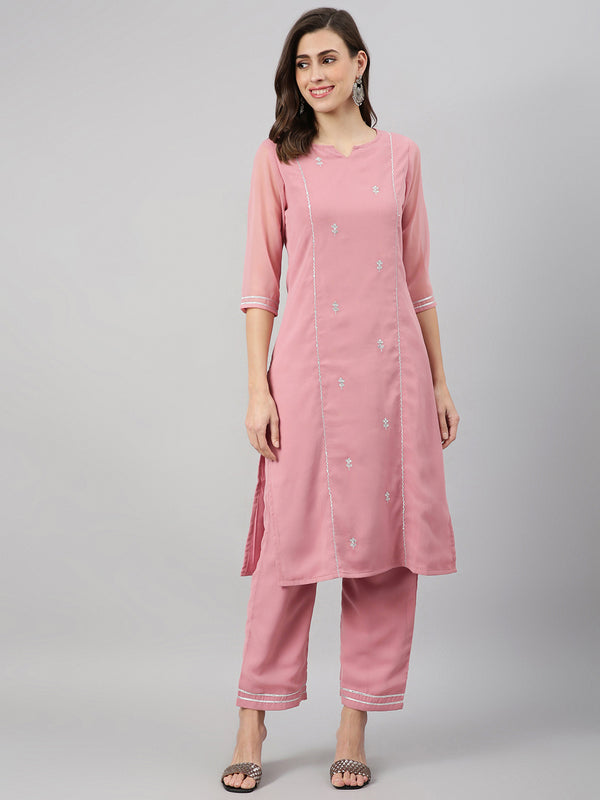 Solid Mauve Embroidered Side Slit Straight Kurta Palazzo Set