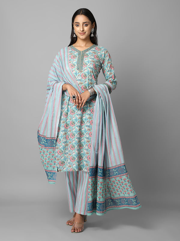 Green And Pink Floral Printed Side Slit Straight Kurta With Palazzo And Dupatta Set