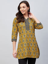 Olive Ethnic Printed Side Slit Straight Kurti