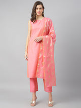 Solid Peach Side Slit Straight Kurta Palazzo And Gold Dupatta