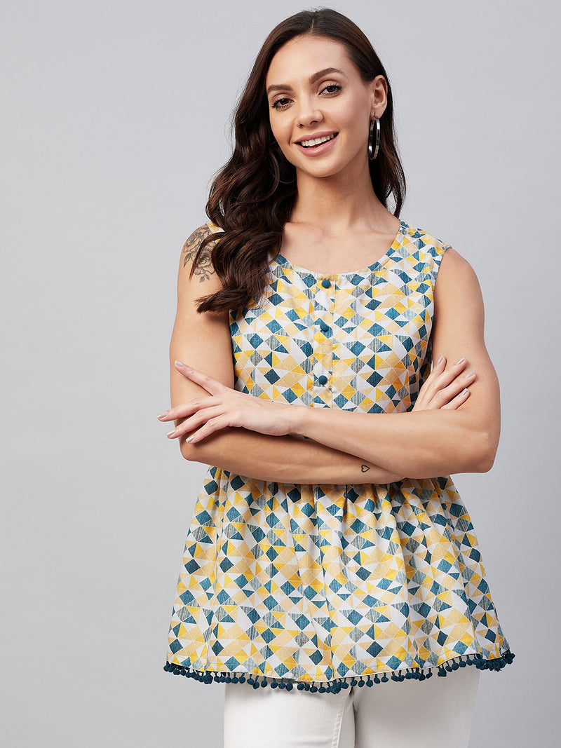 Yellow And Blue Geometric Printed Gathered A-Line Top