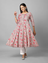 Cream And Pink Floral Printed Anarkali Kurta