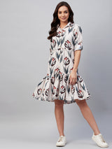 Beige And Red Floral Printed Button Down Gathered A-Line Dress