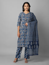 Navy Blue Printed Side Slit Straight Kurta Palazzo And Dupatta Set