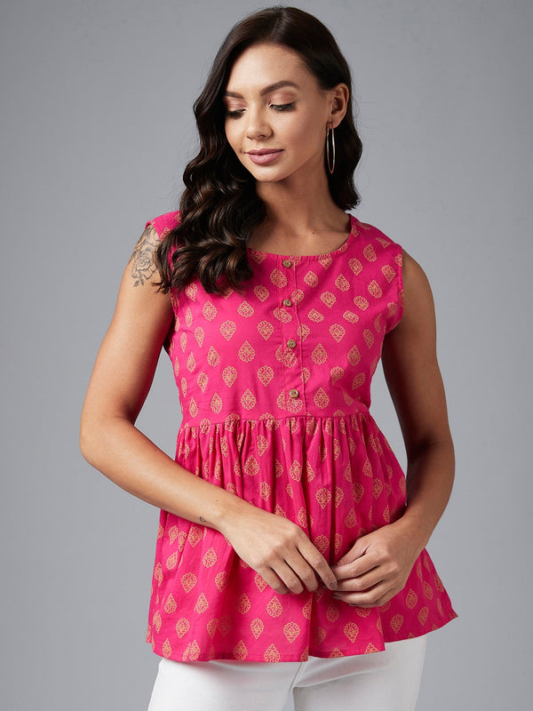 Magenta Ethnic Gold Printed Sleeveless A-Line Top