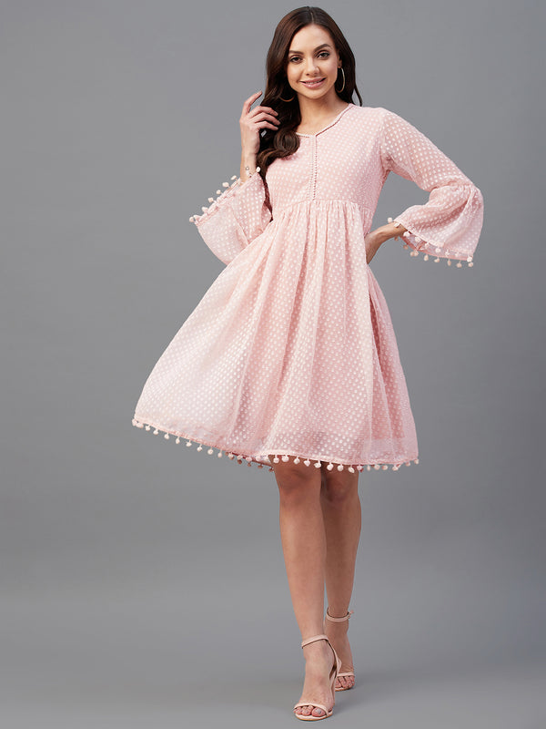 Pink Dobby Gathered A-Line Dress