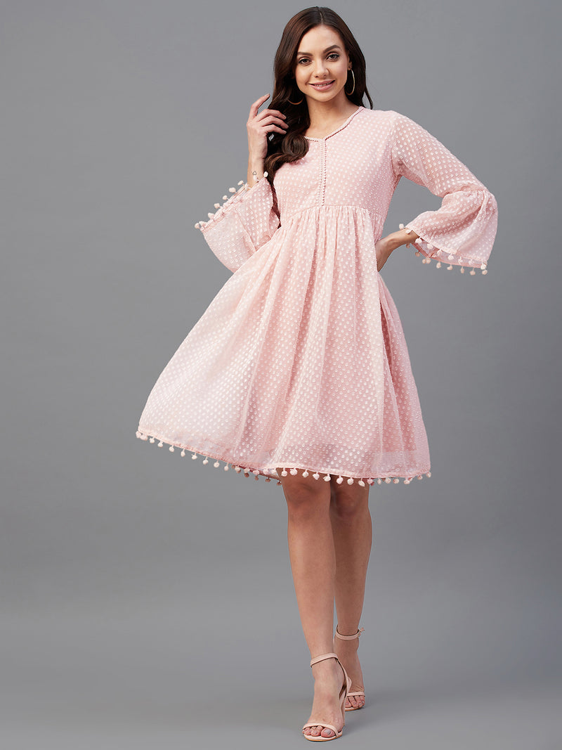 Pink Dobby Gathered A-Line Dress