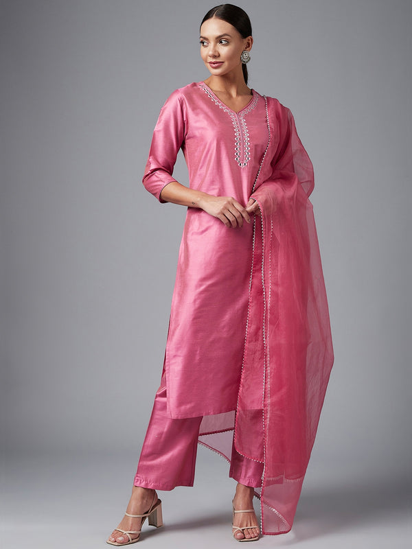 Pink Solid Embroidred Side Slit Straight Kurta Palazzo And Dupatta Set