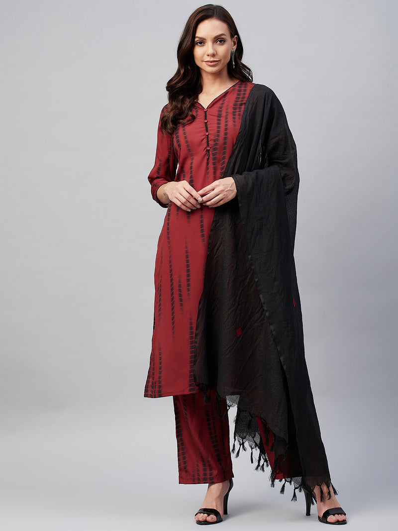 Maroon And Black Shibori Printed Side Slit Straight Kurta Palazzo And Dupatta Set