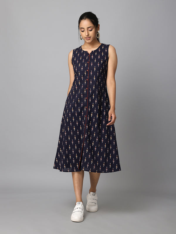 Navy Blue Ikkat Printed A-Line Dress Having Pocket