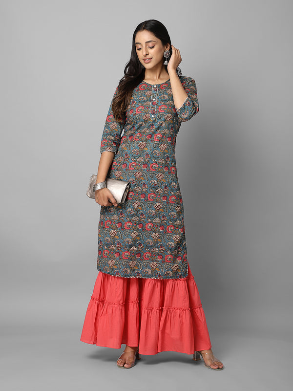 Green And Pink Floral Side Slit Straight Kurta