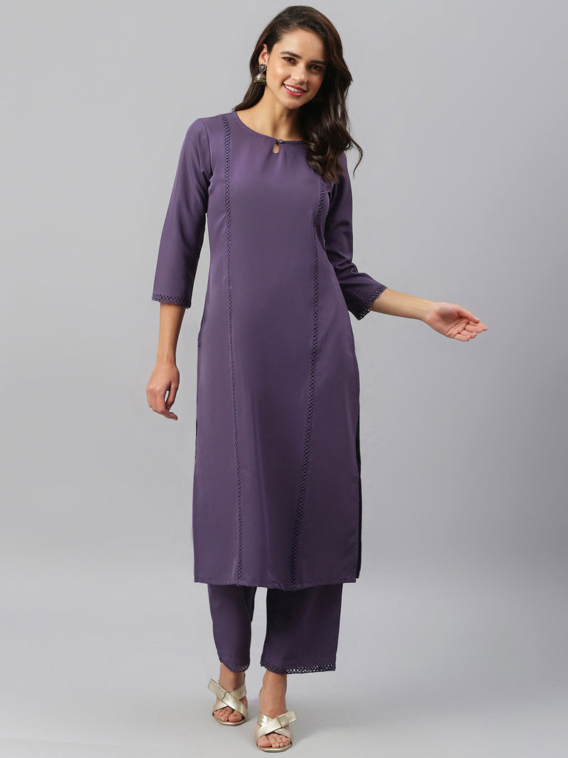 Solid Purple Side Slit Straight Kurta And Palazzo Set