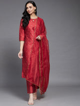 Red Gold Printed Side Straight Kurta And Palazzo And Embroidered Dupatta Set