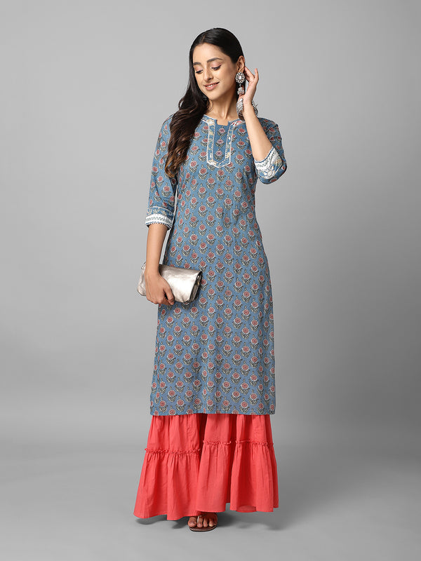 Grey And Pink Ethnic Floral Printed Side Slit Straight Kurta