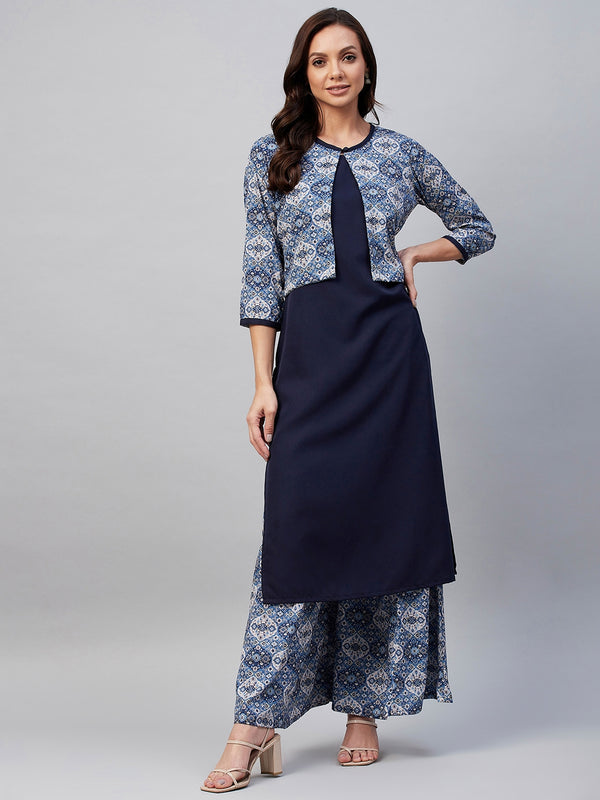 Navy Blue Ethnic Printed Side Slit Straight Kurta Palazzo And Jacket Set