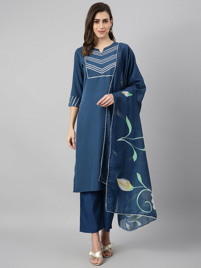 Solid Petrol Blue Side Slit Straight Kurta Palazzo And Dupatta Set