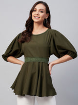 Solid Olive Gathered A-Line Top