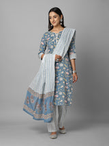 Blue And White Floral Printed Side Slit Straight Kurta Palazzo And Dupatta Set