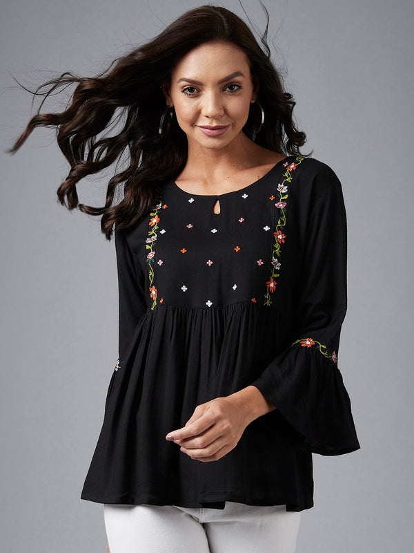 Solid Black Embroidered Gathered A-Line Top