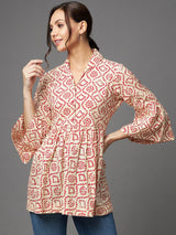 Cream And Red Bandhani Printed Gathered A-Line Top