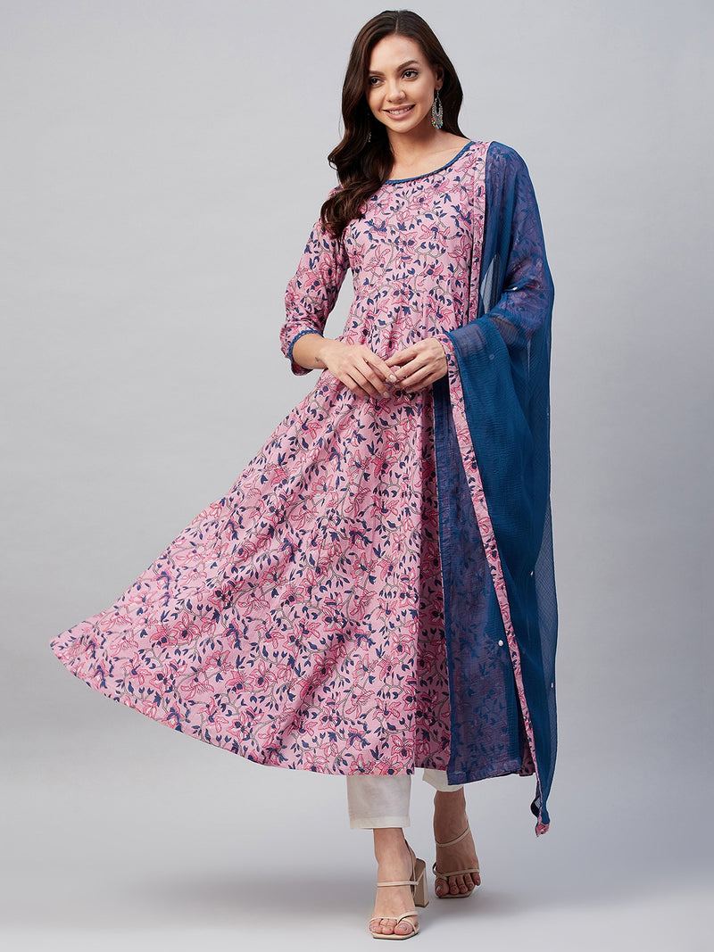 Pink And Blue Floral Printed Anarkali Kurta And Dupatta