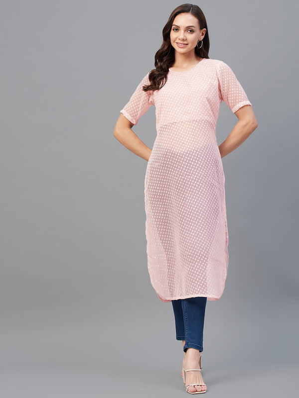 Pink Dobby Side Slit Straight Kurta