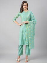 Solid Green Side Slit Straight Kurta Palazzo And Printed Dupatta Set