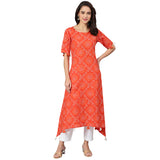 Orange And White Bandhani Printed A-Line Kurta