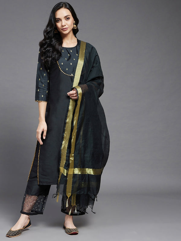 Solid Black Gold Printed Side Slit Straight Kurta Palazzo And Dupatta Set