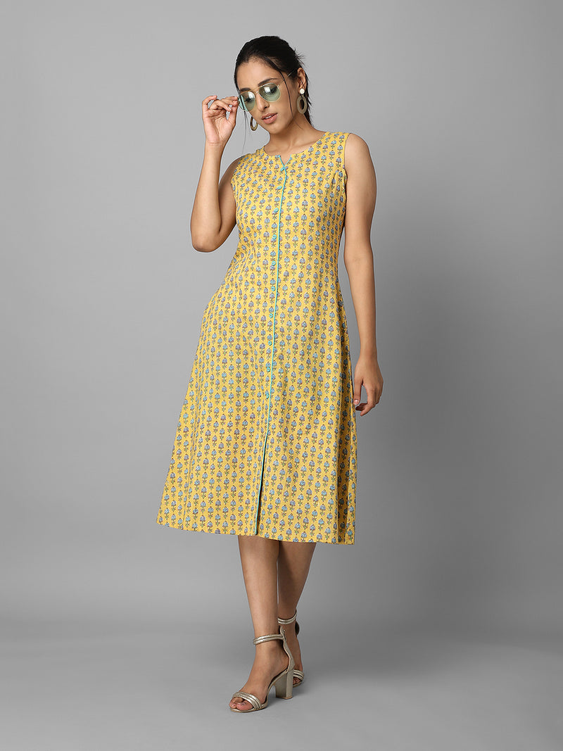 Yellow Ethnic Printed Button Down A-Line Dress