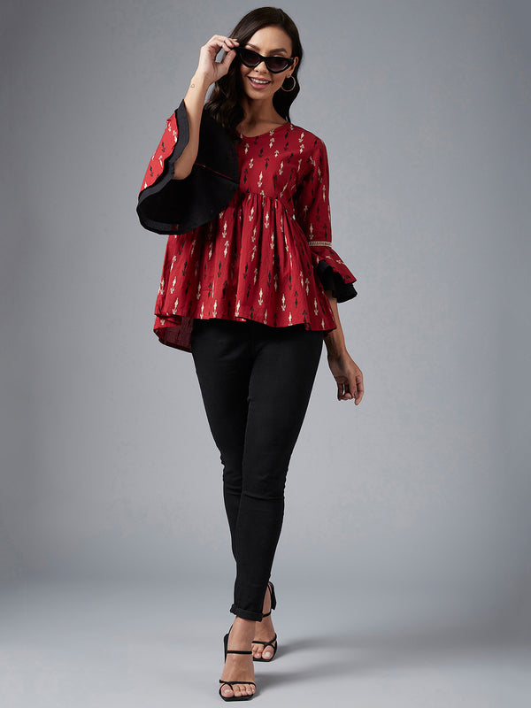 Red And Beige Ikat Printed Gathered A-Line Top