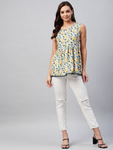 Yellow And Blue Geometric Printed Gathered A-Line Top