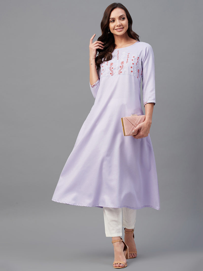 Lavender Solid Embroidered A-Line Kurta