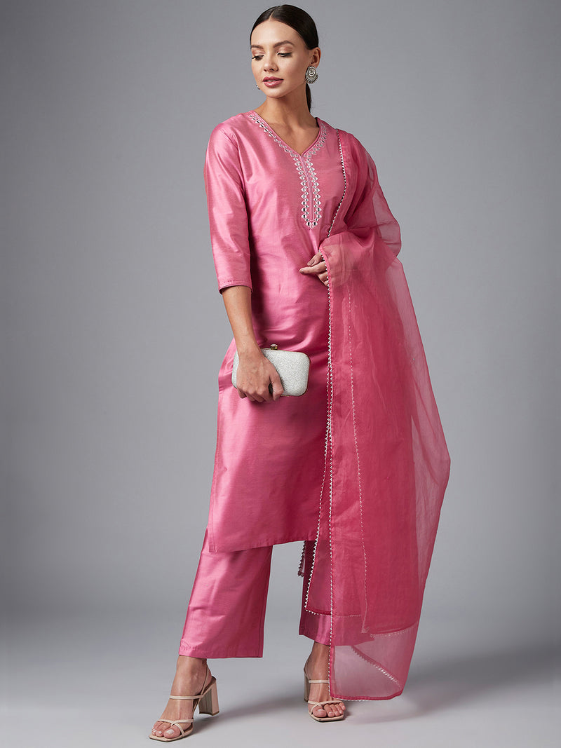 Pink Solid Embroidred Side Slit Straight Kurta Palazzo And Dupatta Set