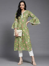 Green Floral Side Slit Straight Kurta