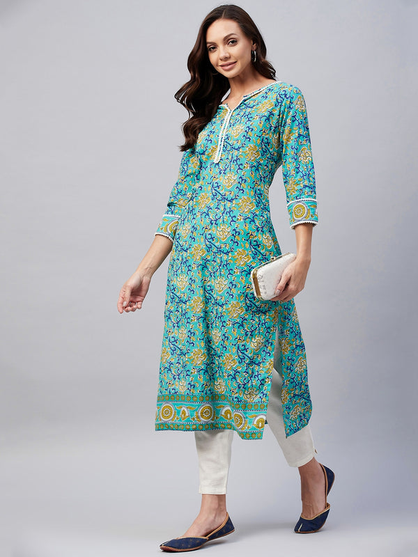 Green Floral Printed Side Slit Straight Kurta