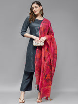 Embroidered Kurta With Trouser And Printed Dupatta