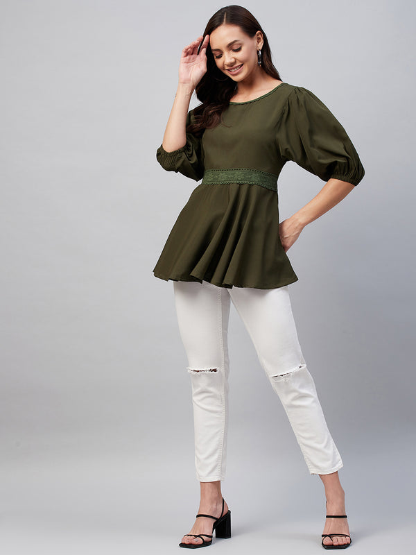 Solid Olive Gathered A-Line Top