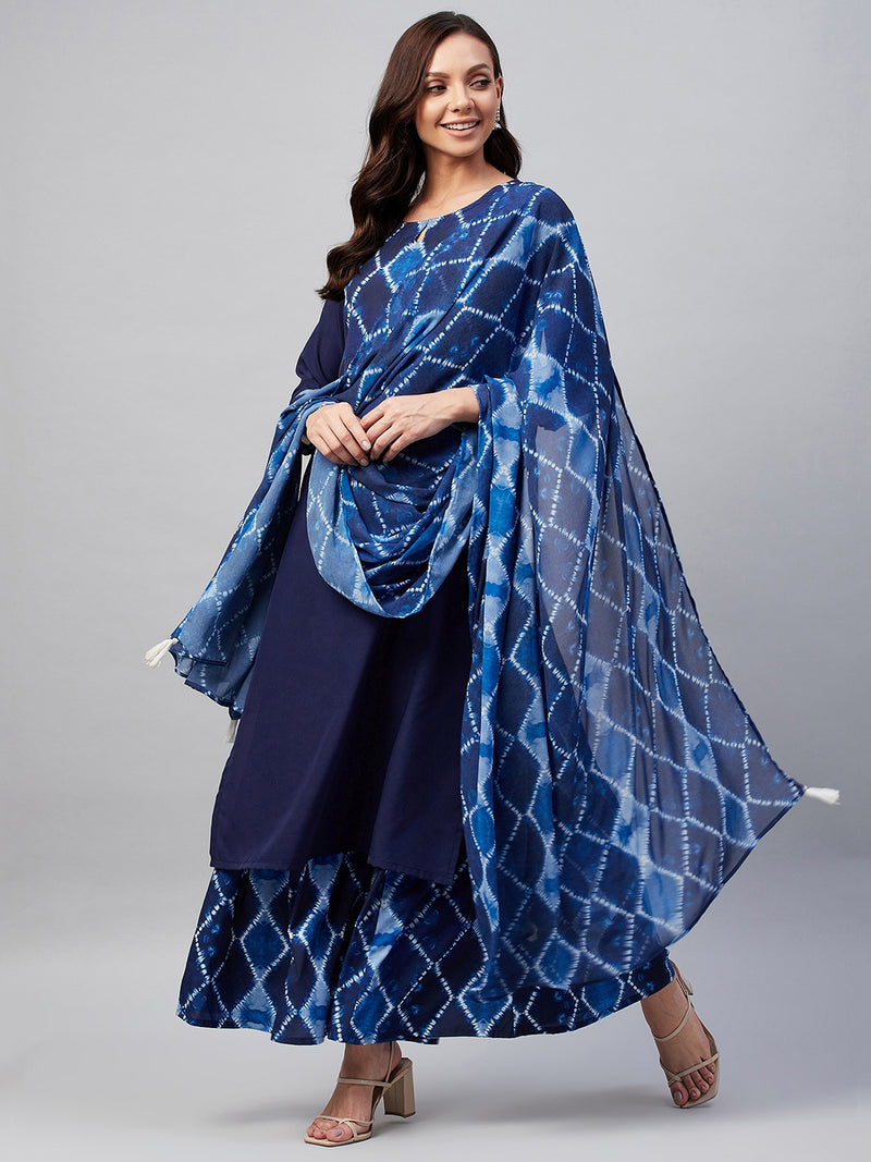 Blue And White Geometric Printed Side Slit Straight Kurta Palazzo And Dupatta Set