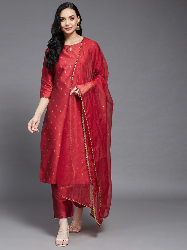 Red Gold Printed Side Straight Kurta And Palazzo And Embroidered Dupatta Set