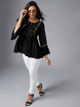 Solid Black Embroidered Gathered A-Line Top