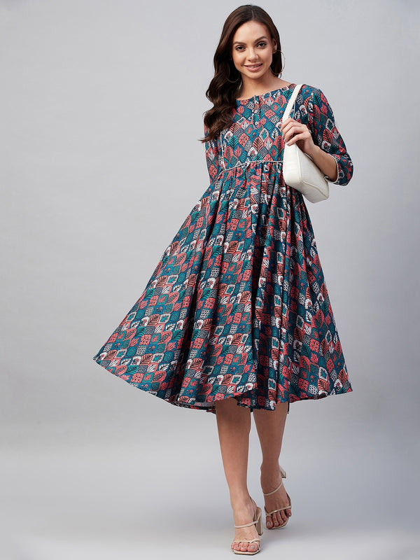 Multi Color Ethnic Printed Gathered A-Line Dress